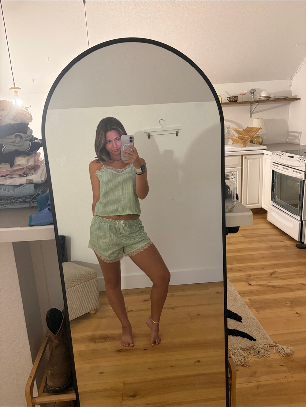 Light Green Striped Lace-Trim Pajama Set